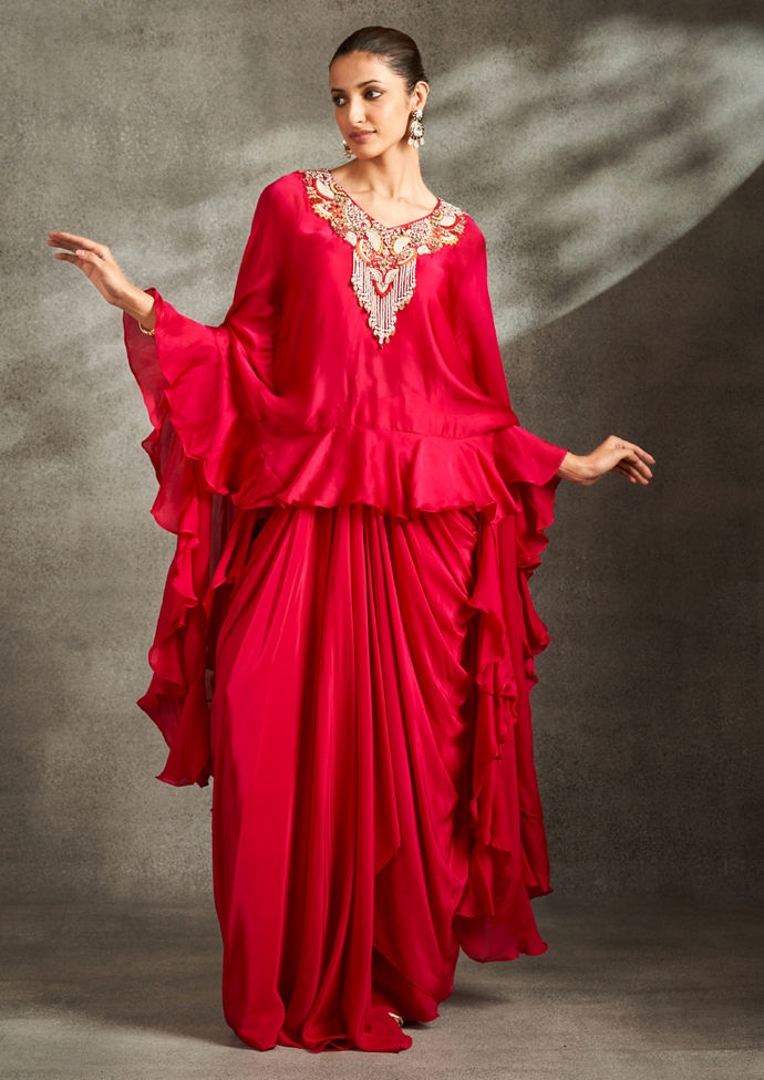 Twamev Women Ravishing Pink Satin Indo Western