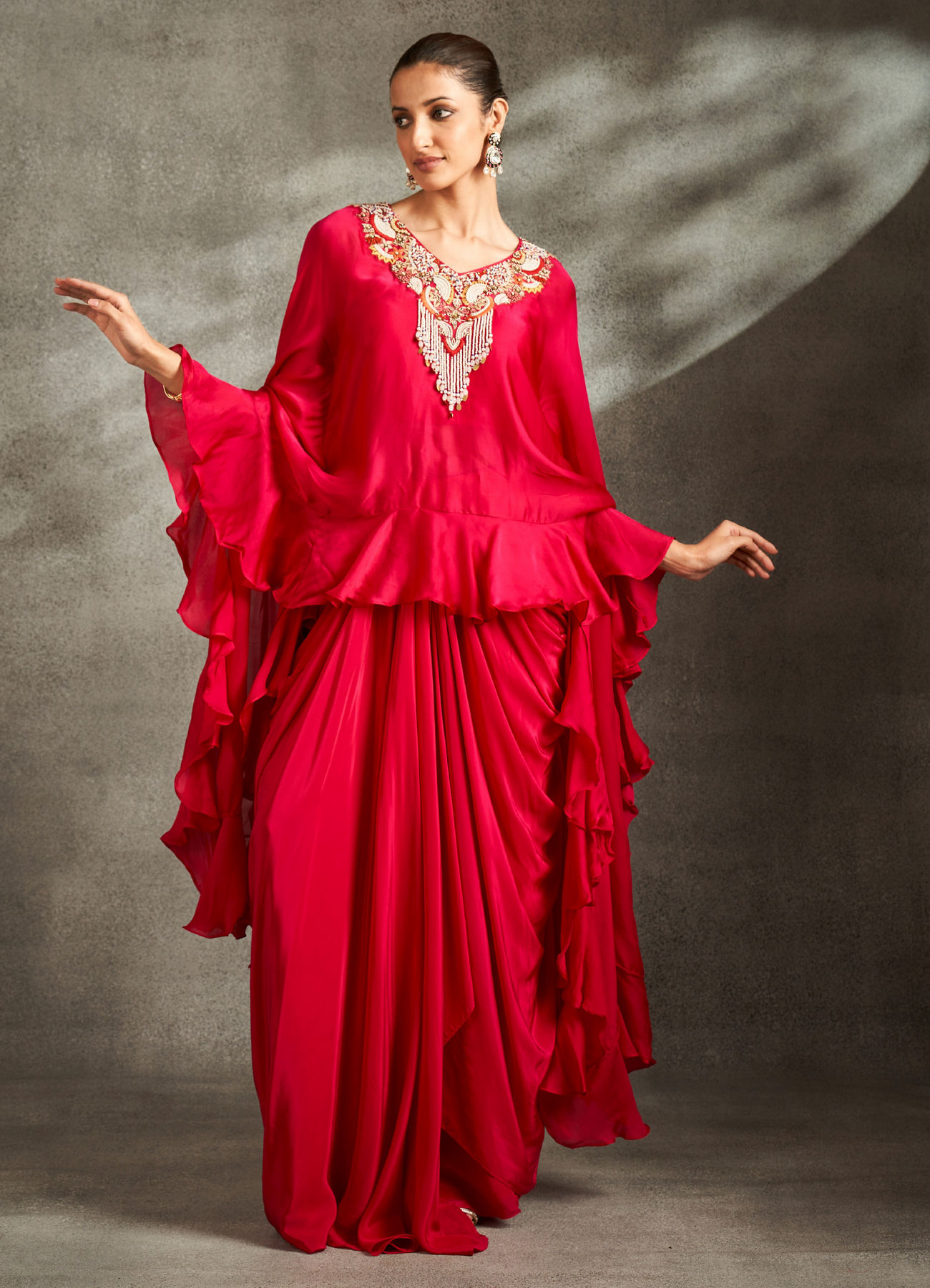 Twamev Women Rani Pink Silk Neck Embroidered Ruffle Cape Top With Draped Skirt