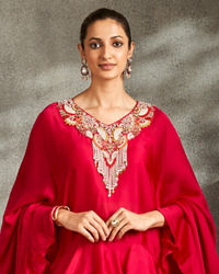 Twamev Women Rani Pink Silk Neck Embroidered Ruffle Cape Top With Draped Skirt