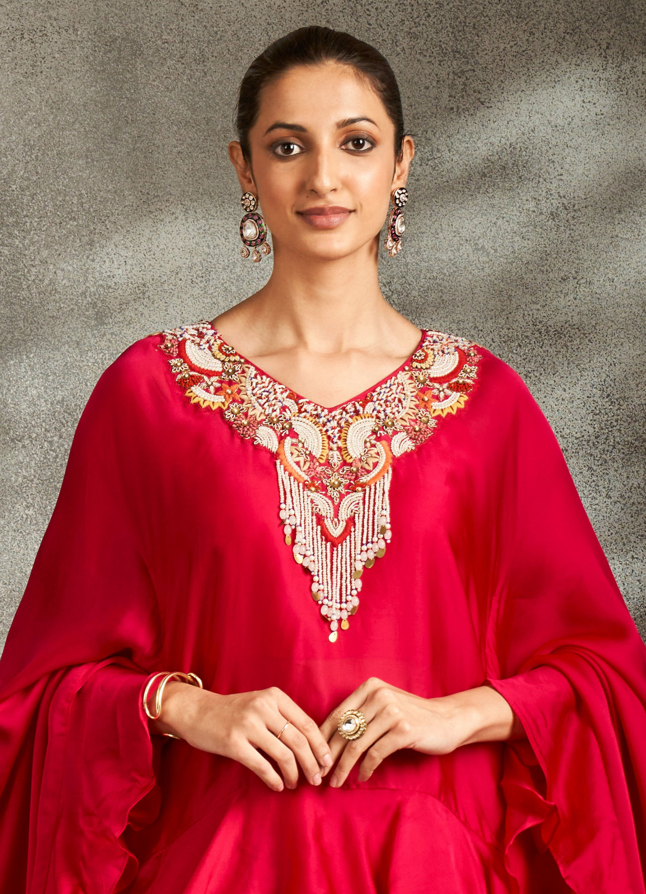 Twamev Women Rani Pink Silk Neck Embroidered Ruffle Cape Top With Draped Skirt