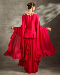 Twamev Women Rani Pink Silk Neck Embroidered Ruffle Cape Top With Draped Skirt