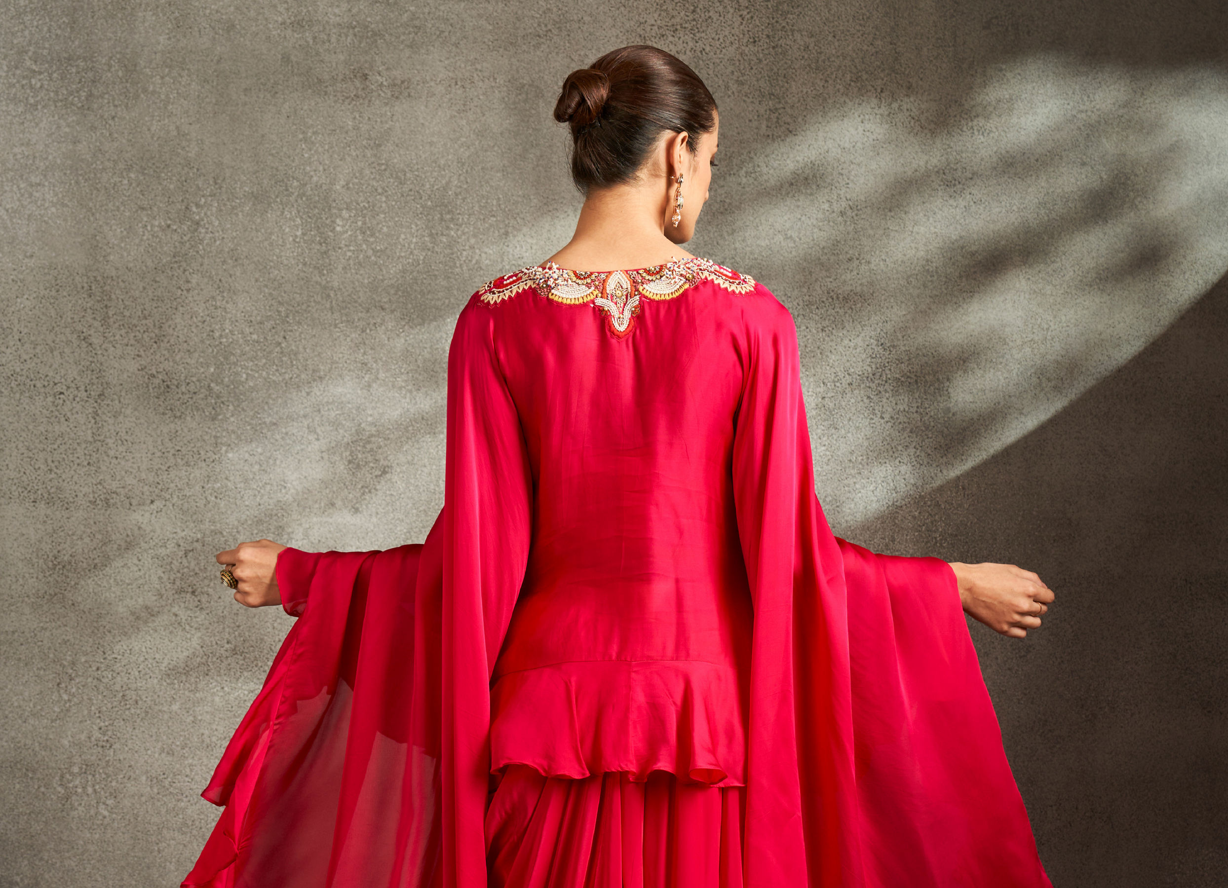 Twamev Women Rani Pink Silk Neck Embroidered Ruffle Cape Top With Draped Skirt