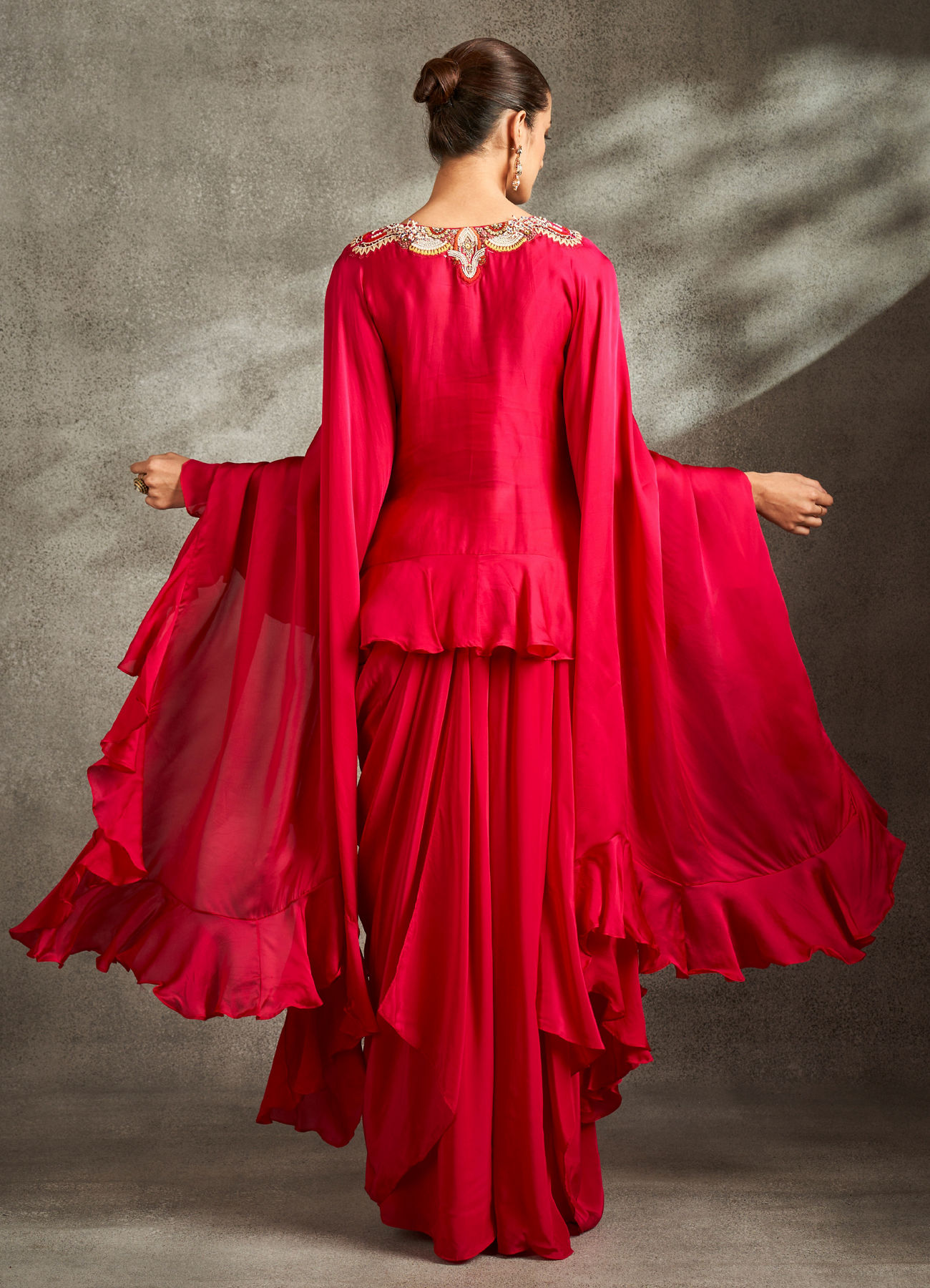 Twamev Women Rani Pink Silk Neck Embroidered Ruffle Cape Top With Draped Skirt