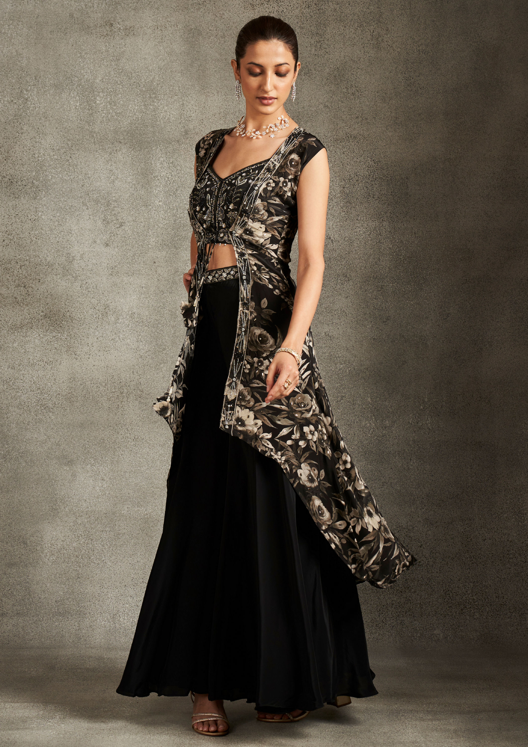 Twamev Women Elegant Black Satin Indo Western