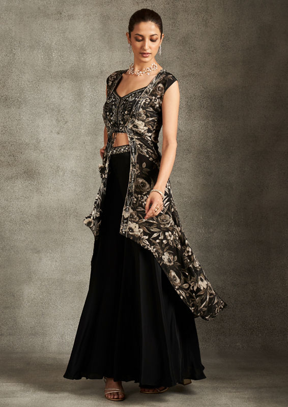 Twamev Women Elegant Black Satin Indo Western