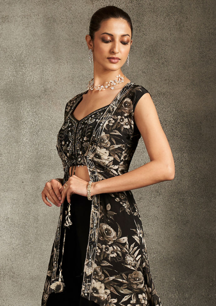 Twamev Women Elegant Black Satin Indo Western