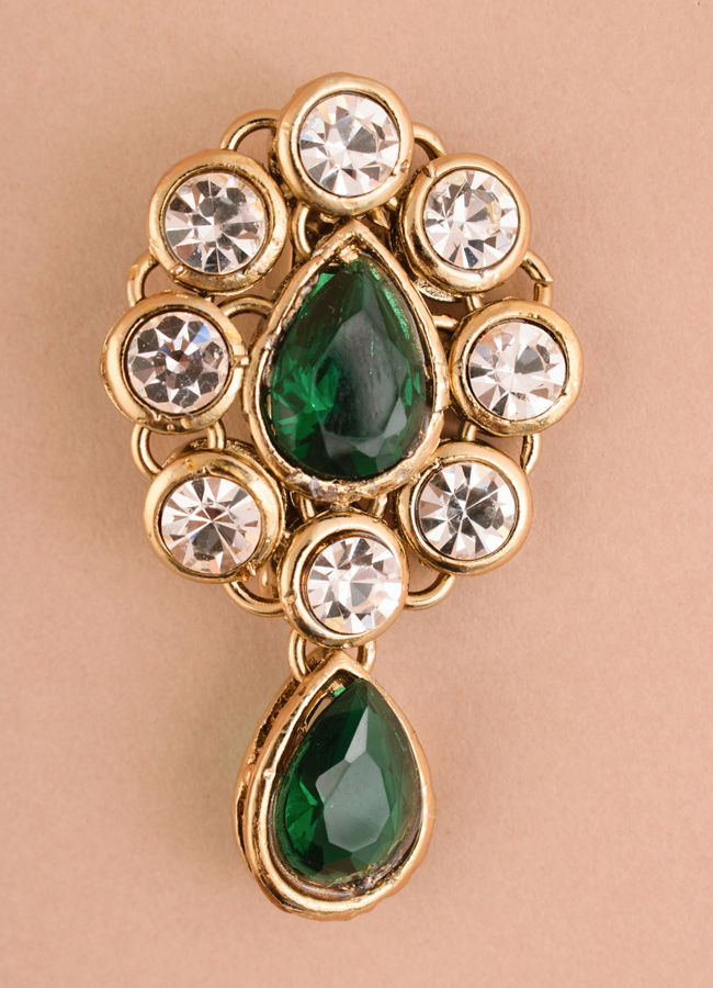 alt message - Manyavar Men Emerald Green Stone Embedded Drop Shaped Brooch image number 0