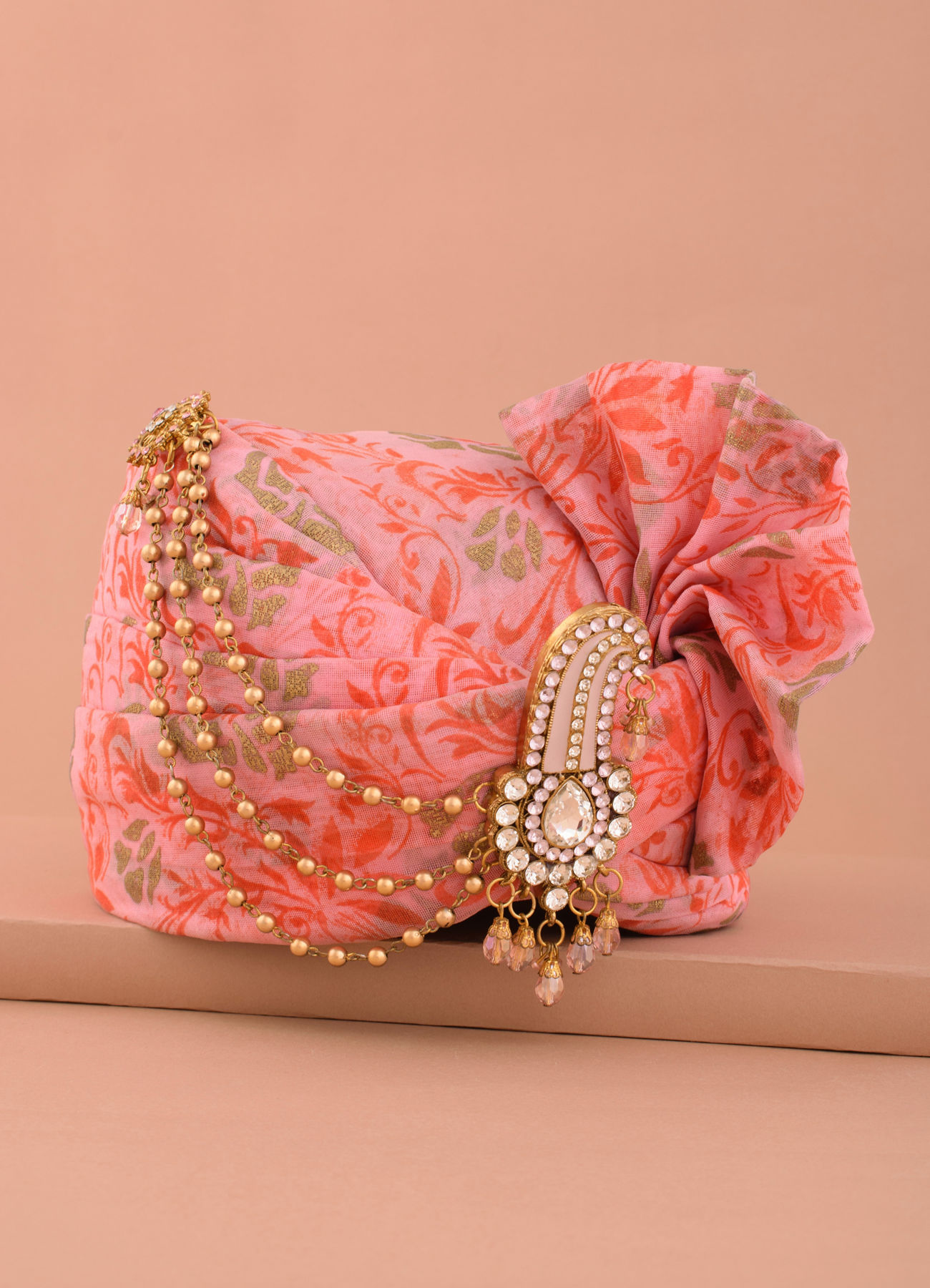 Manyavar Men Sherbet Pink Safa with Embellished Paisley Brooch