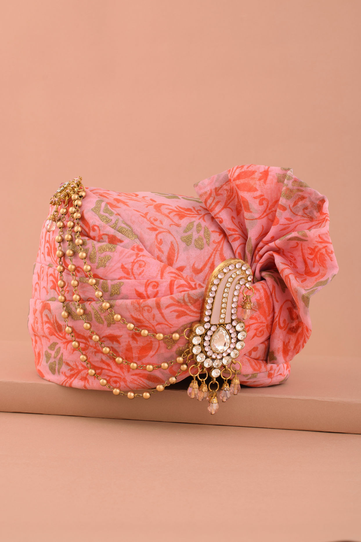 Manyavar Men Sherbet Pink Safa with Embellished Paisley Brooch