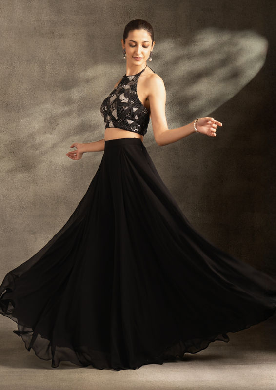 Twamev Women Black Georgette Embroidered Halter Top Dupatta Skirt Set