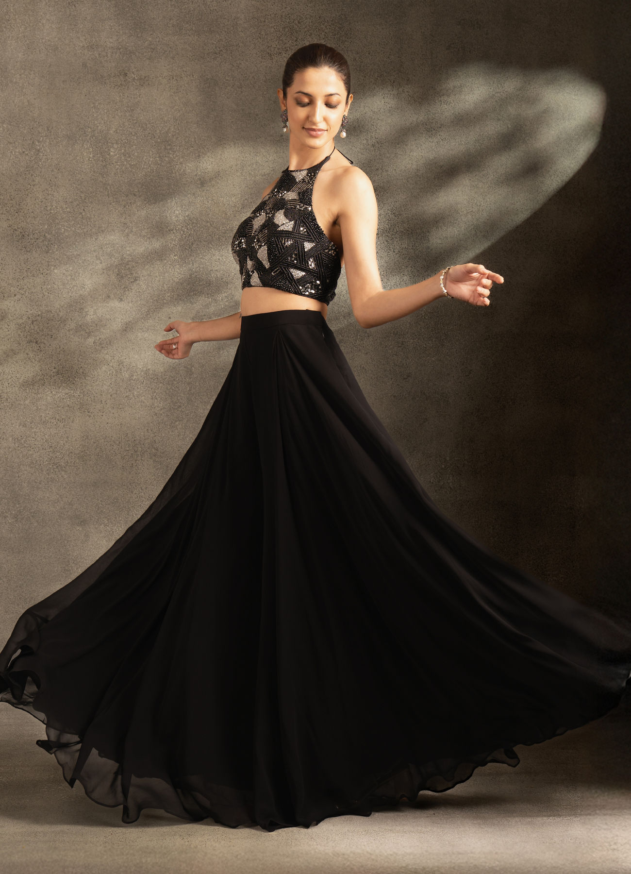 Buy Black Georgette Embroidered Halter Top Dupatta Skirt Set Online in the  USA @Twamev - Indo western dress for women for Women