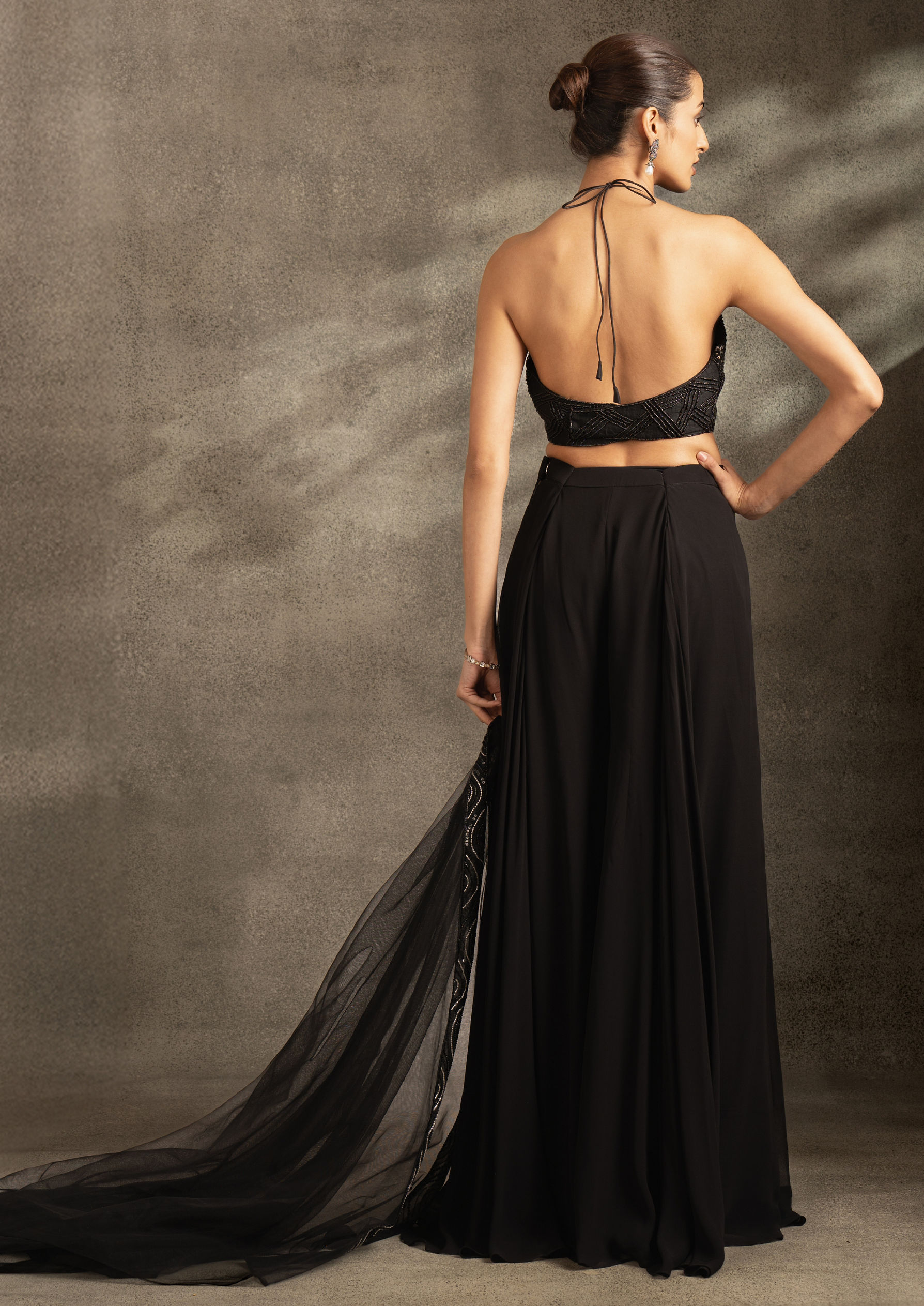 Twamev Women Black Georgette Embroidered Halter Top Dupatta Skirt Set