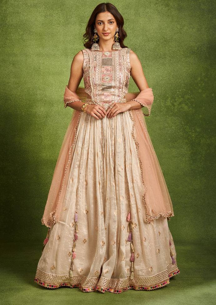 Twamev Women Cream Chanderi Embroidered Patchwork Crop Top Lehenga