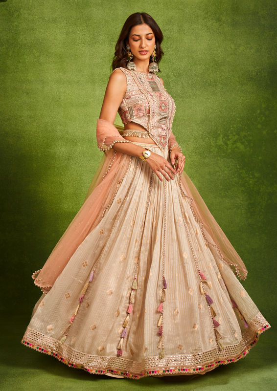 Twamev Women Elegant Cream Chanderi Lehenga