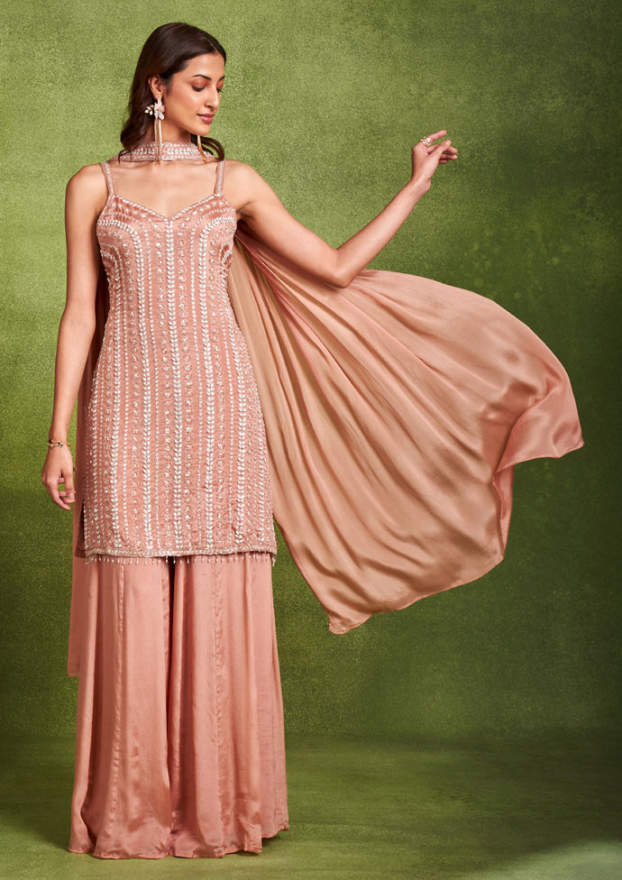 Twamev Women Dusty Pink Chinon Stitched Suit