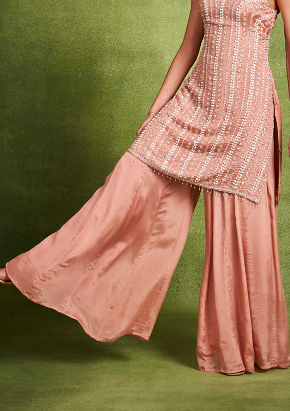 Twamev Women Dusty Pink Chinon Stitched Suit