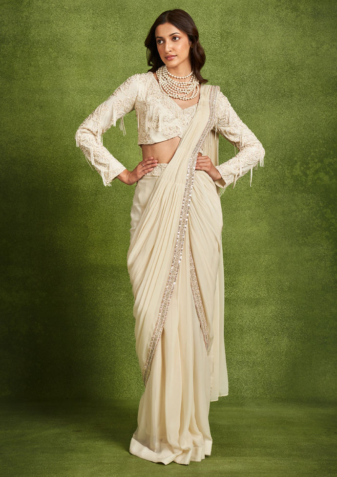 Twamev Women Classical Cream Georgette Saree