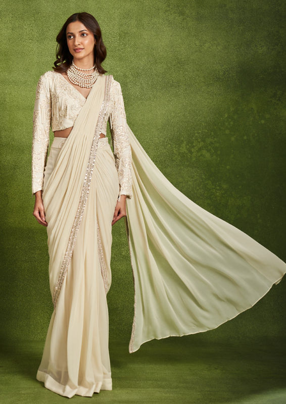 Twamev Women Classical Cream Georgette Saree