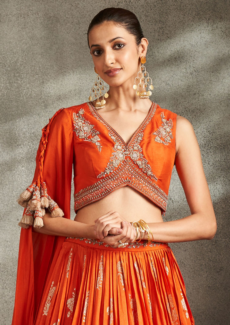 Twamev Women Luminous Orange Embellished Indo Western