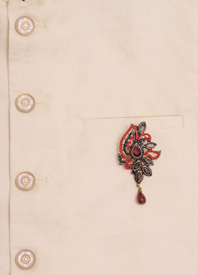 Manyavar Men Ruby Red Stone Embedded Petal Shaped Brooch