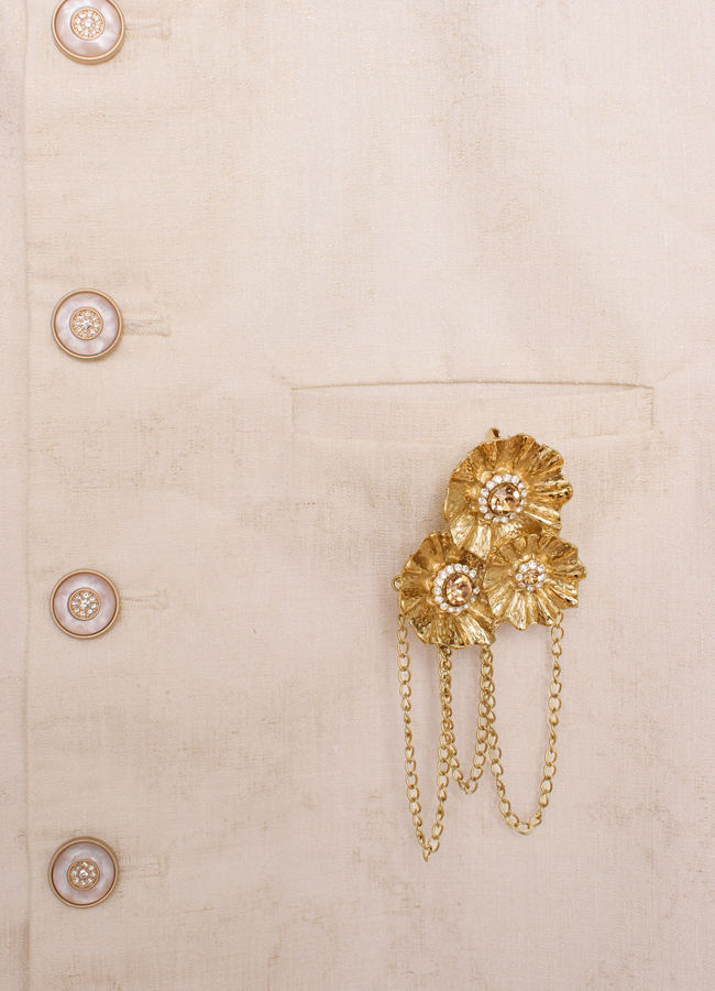 Manyavar Men Golden Stone Studded Floral Trio Chain Brooch