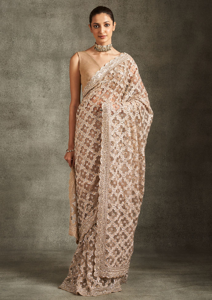 Twamev Women Elegant Beige Net Saree