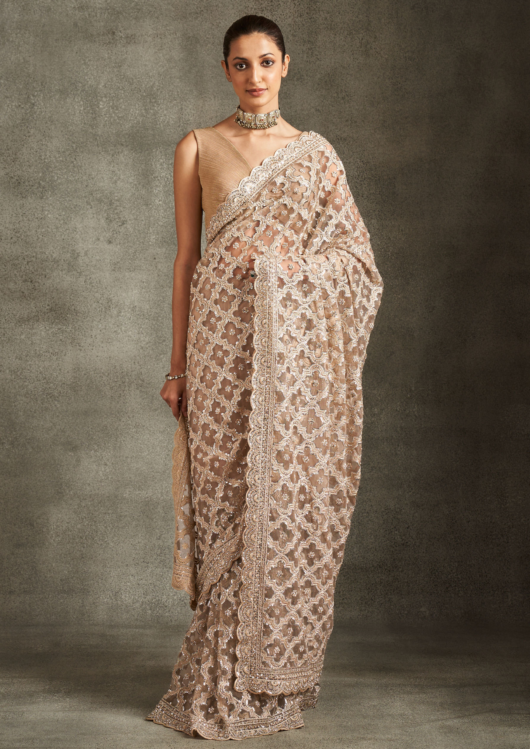Twamev Women Elegant Beige Net Saree