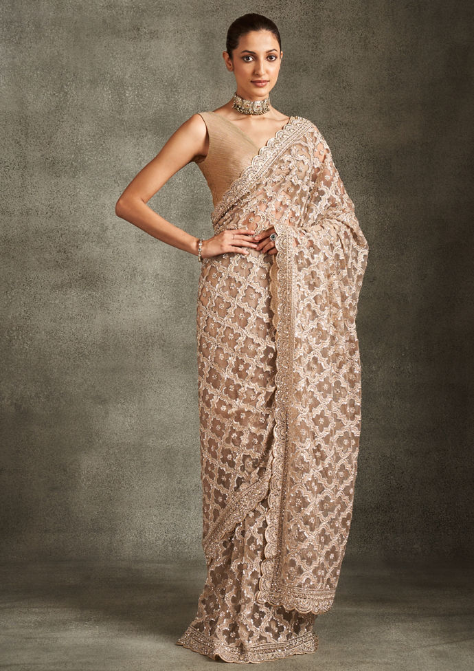 Twamev Women Elegant Beige Net Saree