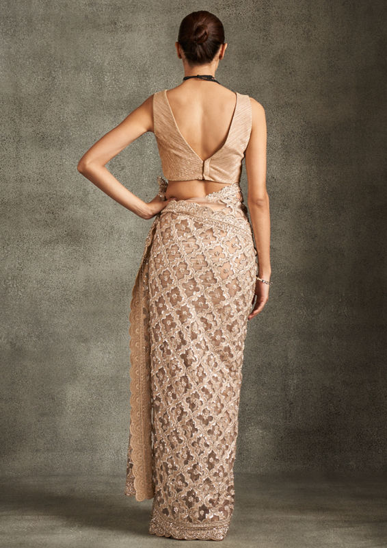 Twamev Women Elegant Beige Net Saree