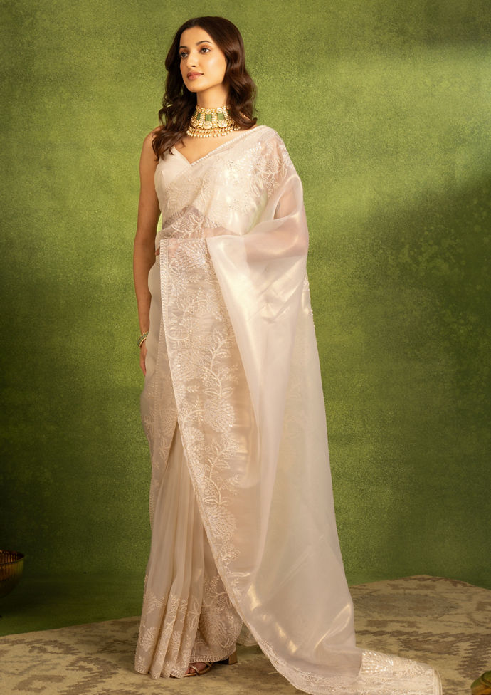 Twamev Women Cream Organza Festive Delight Saree