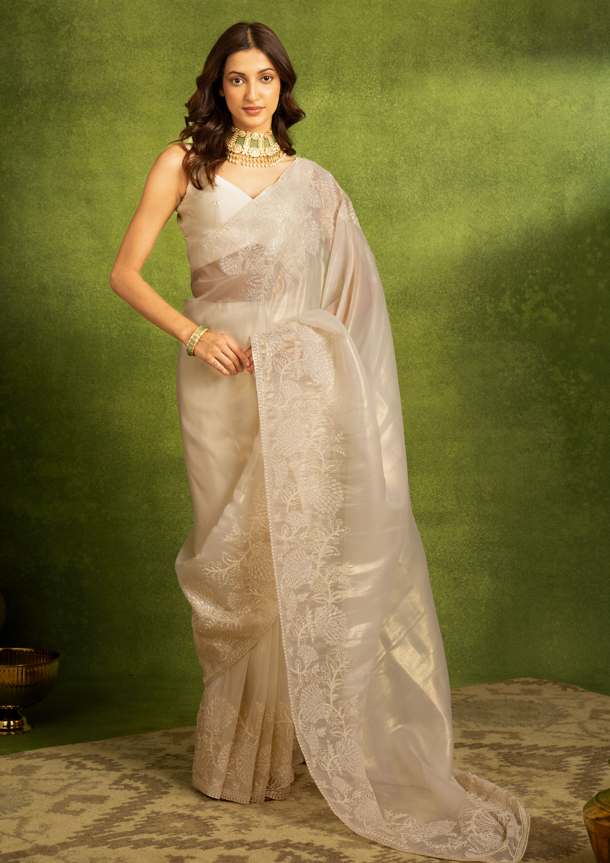 Twamev Women Cream Organza Festive Delight Saree