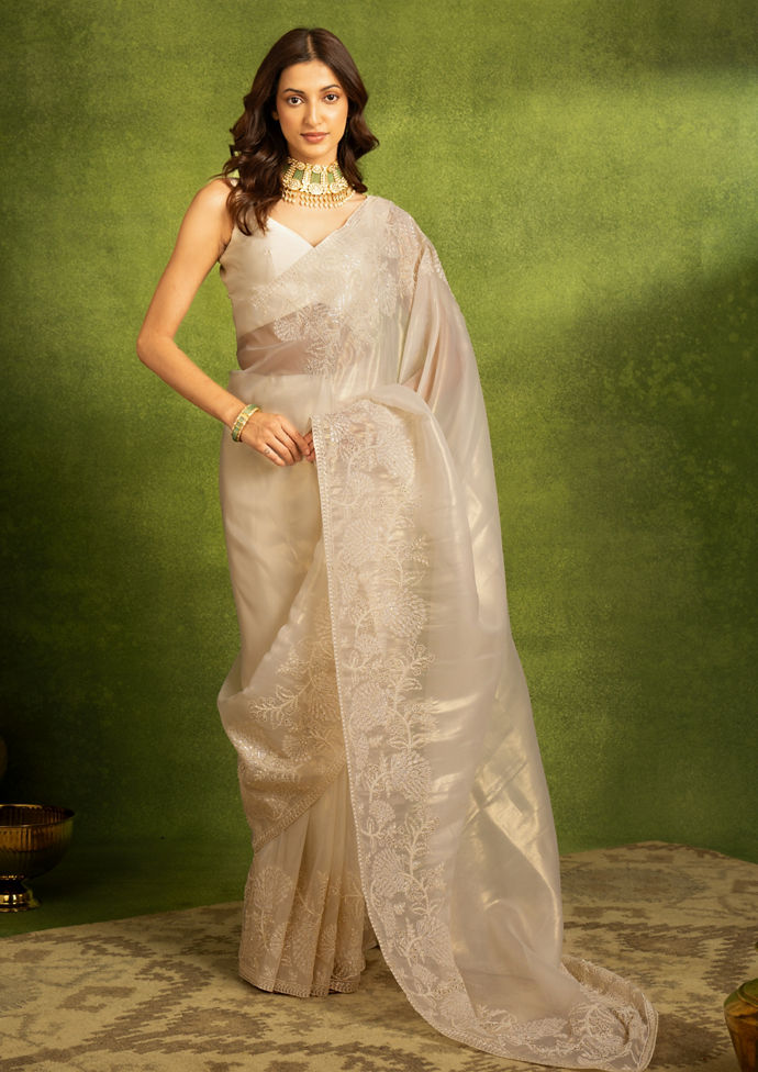 Twamev Women Cream Organza Festive Delight Saree