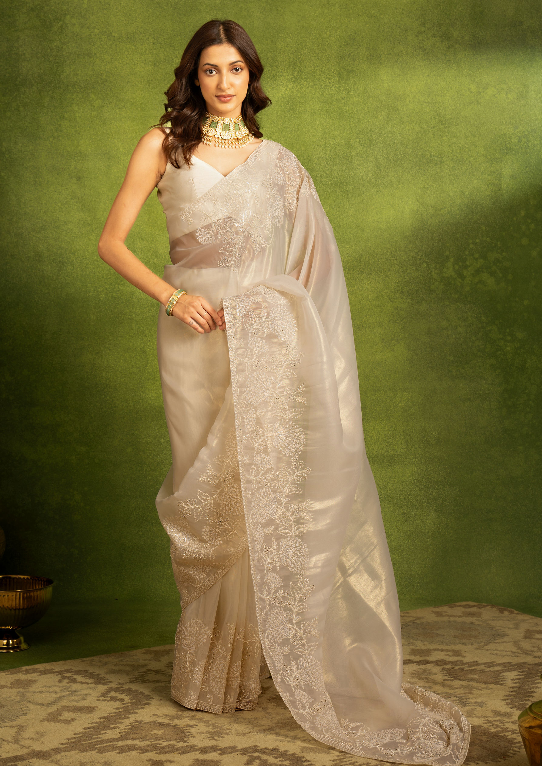 Twamev Women Cream Organza Festive Delight Saree
