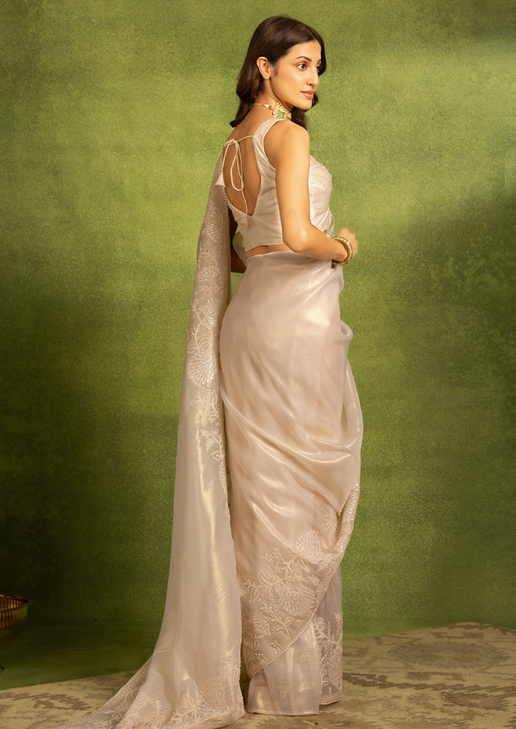 Twamev Women Cream Organza Festive Delight Saree