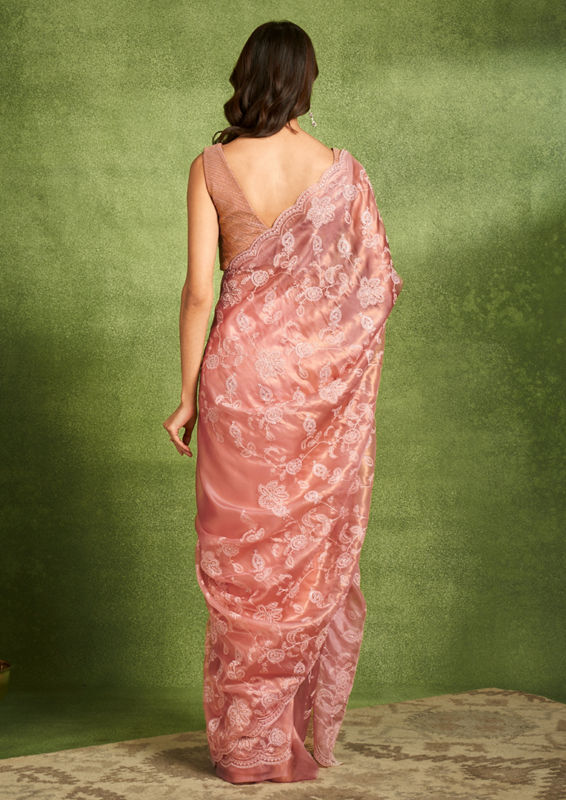 Twamev Women Blossoming Pink Organza Saree