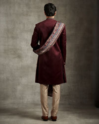 Twamev Men Maroon Velvet Elegance Indo Western Set with Embroidered Brooch and Printed Stole