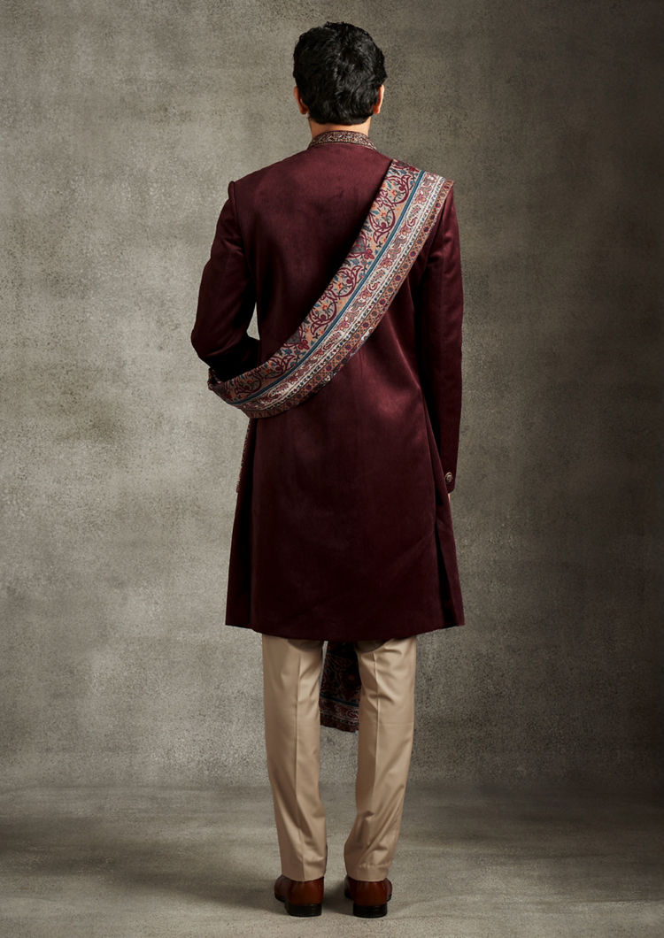 Twamev Men Maroon Velvet Elegance Indo Western