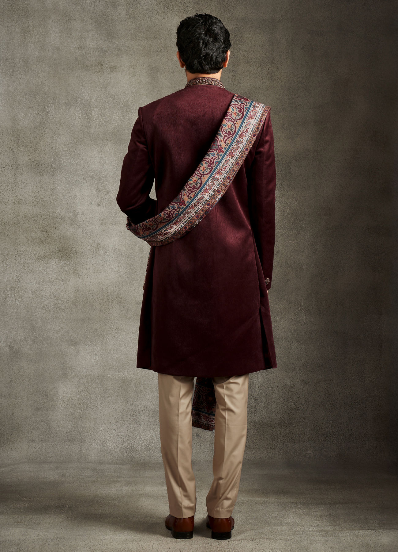 Twamev Men Maroon Velvet Elegance Indo Western Set with Embroidered Brooch and Printed Stole