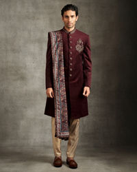 Twamev Men Maroon Velvet Elegance Indo Western Set with Embroidered Brooch and Printed Stole