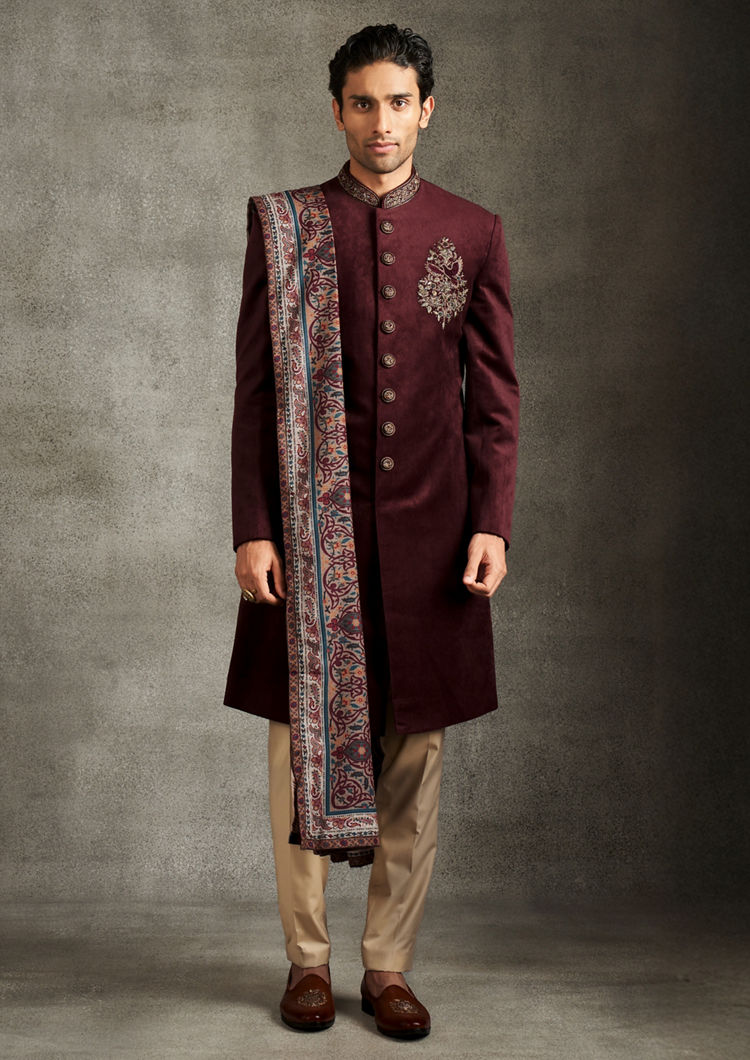 Twamev Men Maroon Velvet Elegance Indo Western