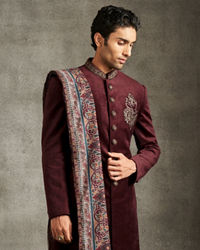 Twamev Men Maroon Velvet Elegance Indo Western Set with Embroidered Brooch and Printed Stole