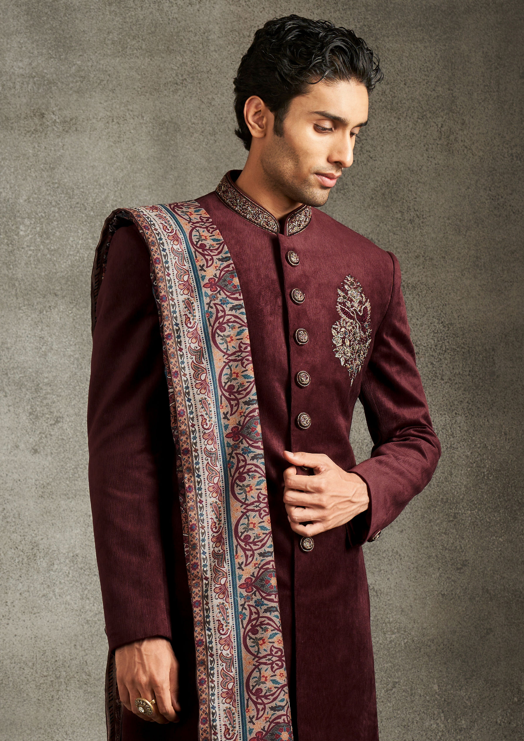 Twamev Men Maroon Velvet Elegance Indo Western