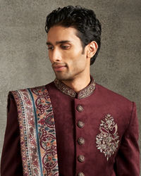 Twamev Men Maroon Velvet Elegance Indo Western Set with Embroidered Brooch and Printed Stole