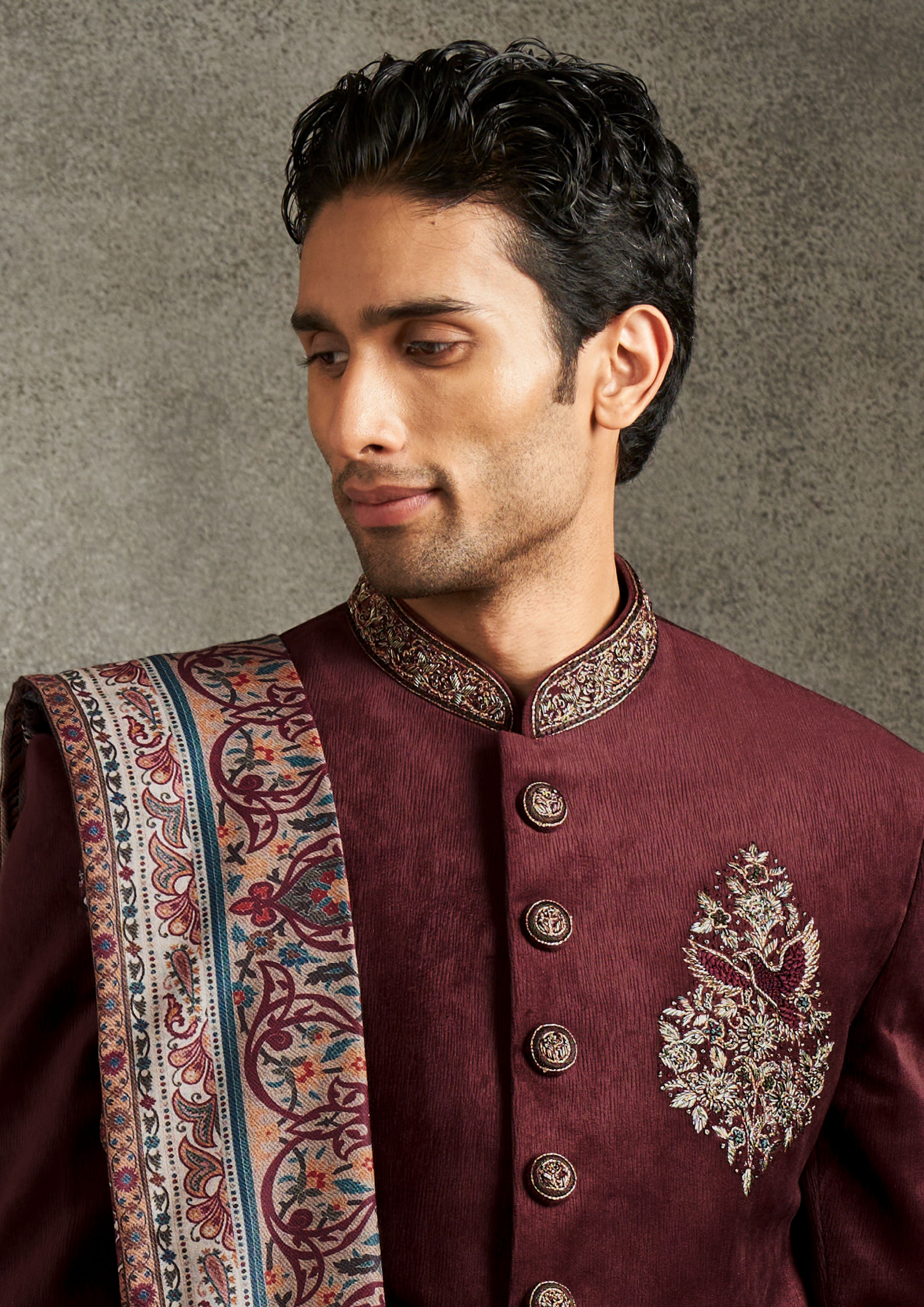 Twamev Men Maroon Velvet Elegance Indo Western