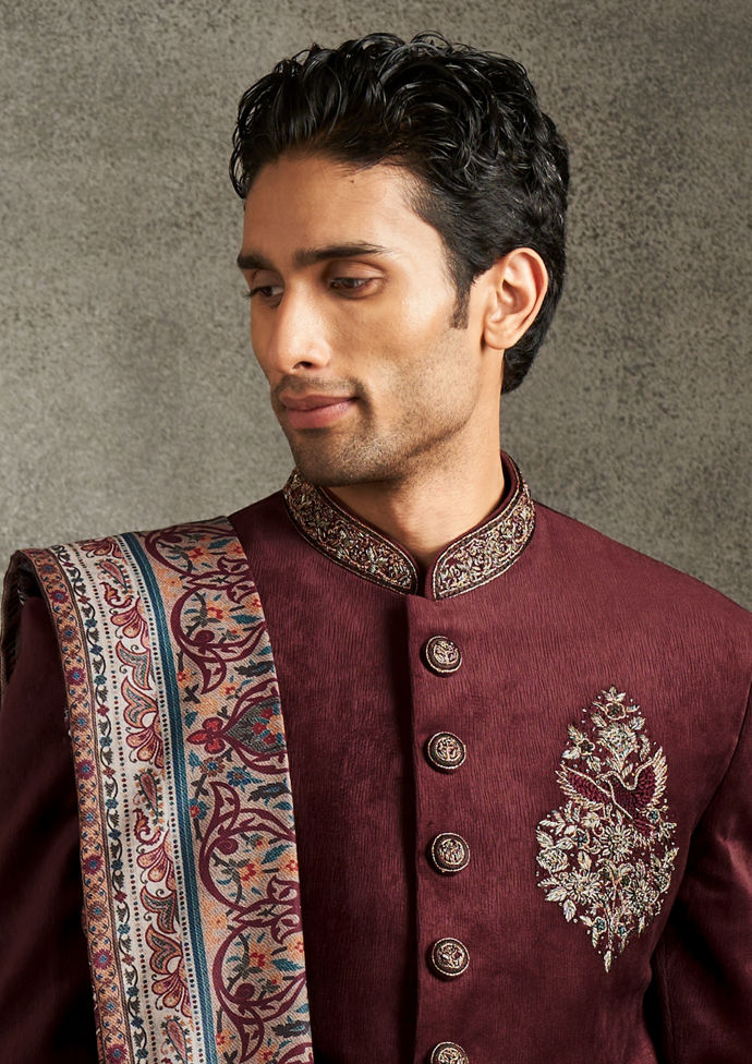 Twamev Men Maroon Velvet Elegance Indo Western