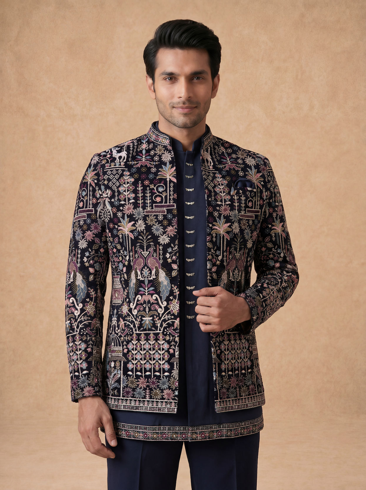 Manyavar Men Velvety Charm Dark Blue Open Jodhpuri Suit