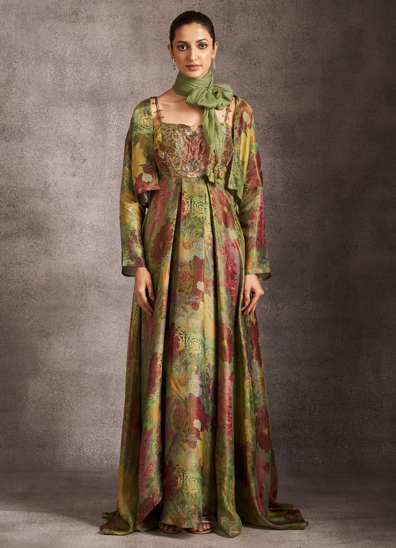 Buy Mehendi Green Silk Garden Print Dress With Bolero Online in the USA  @Twamev - Indo western dress for women for Women