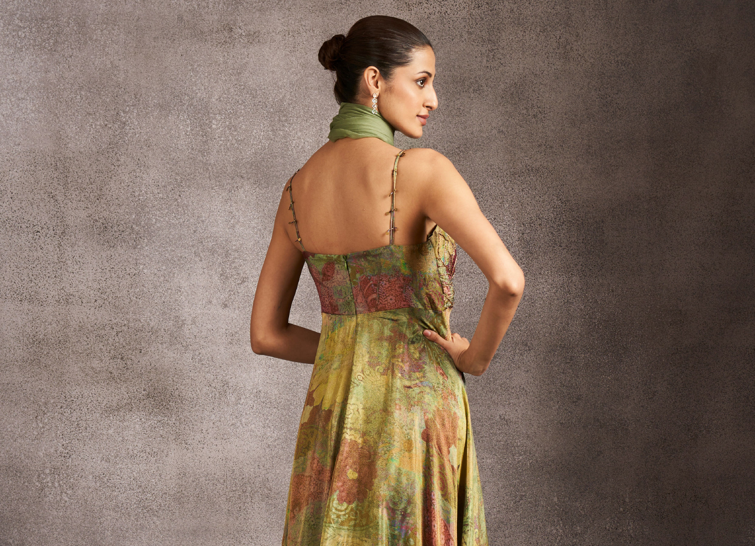 green dress with bolero Kemi Green Cream Black Print Bolero Wrap Bodice Maxi Gown – Scarlett & Jo main image 0