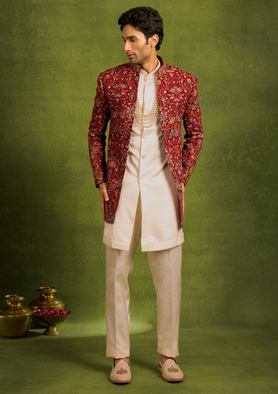 Twamev Men Radiant Red Georgette Indo Western