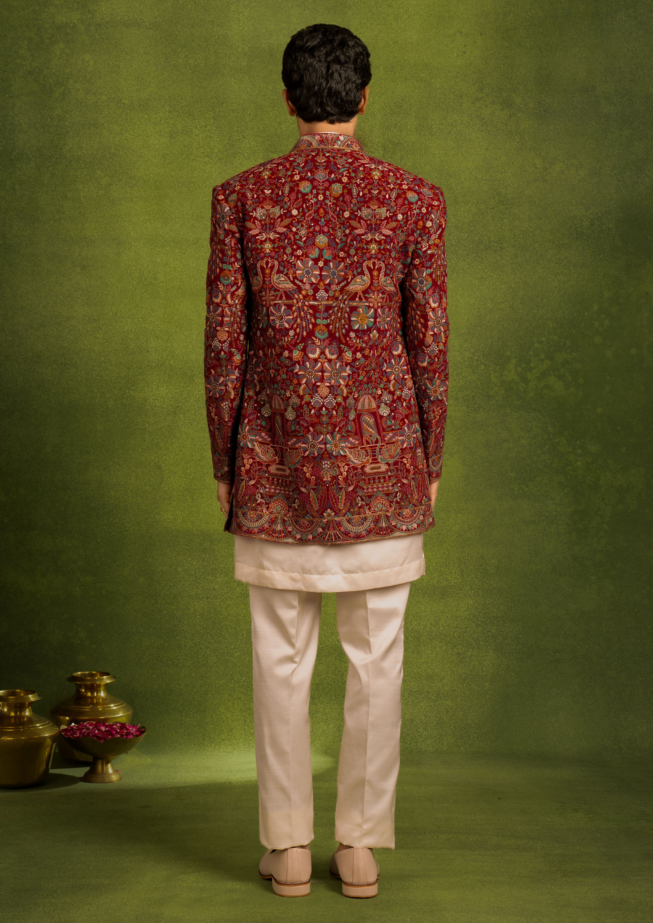 Twamev Men Radiant Red Georgette Indo Western